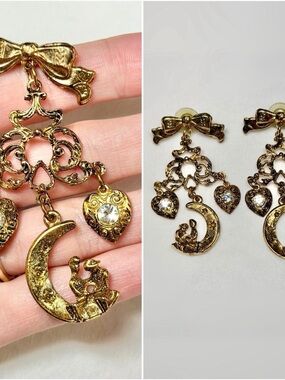 Vintage 1990s Earrings Whimsical Heart Moon Celestial Whimsigoth Y2K Coquette